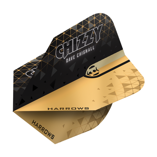 Harrows Prime Dave Chisnall Chizzy 2 Lety č. 6 Das Bild zeigt ein Harrows Prime Dave Chisnall Chizzy 2 No6 Flight. Das Flight ist schwarz-gold gestaltet und trägt den Aufdruck "CHIZZY DAVE CHISNALL" sowie das Harrows-Logo.