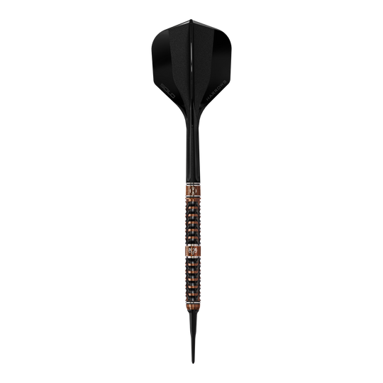 Die Abbildung zeigt Harrows Wolfram Trinity Softdarts. Die Softdarts werden aus der Nähe präsentiert.