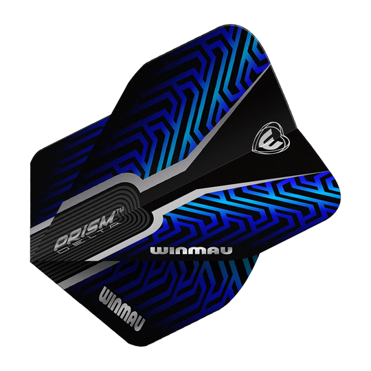 Letky Winmau Prism Delta Blue No2 Standard Das Bild zeigt die Winmau Prism Delta Blue No2 Standard Flights. Die Flights haben ein modernes Design in Schwarz und Blau.