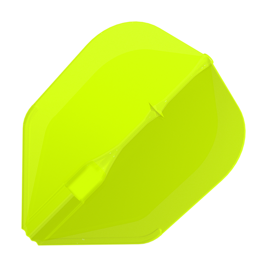 Das Bild zeigt eine neon-gelbe Dartflügel. Die Oberfläche ist glatt und hat eine auffällige, leuchtende Farbe.