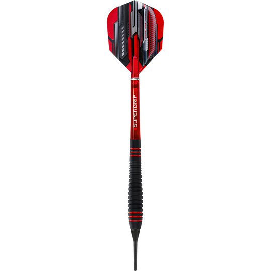 HA13722_Harrows_ACE_Rubber_Grip_Softdarts_1u7z0pEg30RuFs Das Bild zeigt einen Harrows ACE Rubber Grip Softdart. Der Dartpfeil ist rot und schwarz gestaltet und hat einen gummierten Griff für besseren Halt.