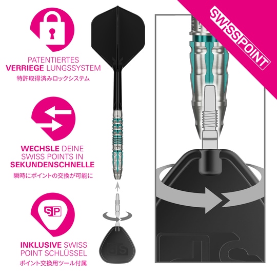 Šipky Target Japan Black Marque Pierce Swiss Point Steel Darts Das Bild zeigt das Produkt Target Japan Black Marque Pierce Swiss Point Steeldarts. Die Steeldarts sind speziell für Präzision und Design bekannt.