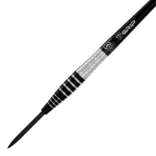 Ocelové šipky Bulls Martin Schindler Original Generation 3 Das Bild zeigt den Bulls Martin Schindler Original Generation 3 Steeldart. Der Dart hat ein silber-schwarzes, geriffeltes Griffstück und eine spitze Metallspitze.