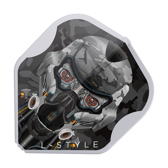 Das Bild zeigt einen L-Style Berry Van Peer V4 Type D Clear White L1EZ Flug für Darts. Das Design zeigt einen futuristischen Roboterkopf mit Camouflage-Muster und technischen Details.