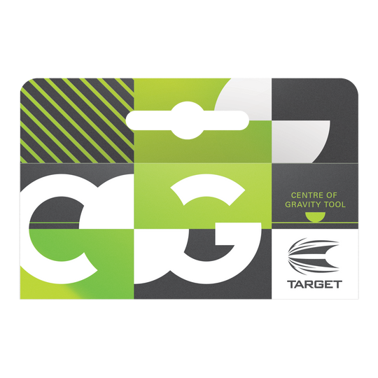 Das Bild zeigt das Produkt "Target COG Centre Of Gravity Schwerpunkt Tool" in einer bunt gestalteten Verpackung. Auf der Verpackung sind geometrische Muster und das Firmenlogo von Target zu sehen.