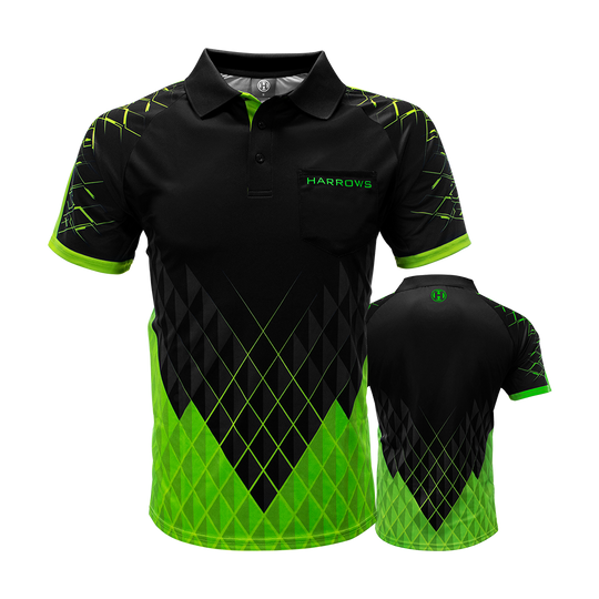 HRS-26333_Harrows_Paragon_Dartshirt_Gr-n_0 Harrows Paragon Dartshirt mit betontem Kragen. Das Shirt liegt flach ausgestreckt.