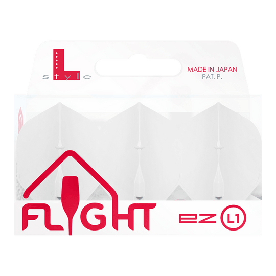 L-Style Champagne L1EZ Standard Flights Das Bild zeigt eine Packung mit weißen L-Style Champagne L1EZ Standard Flights. Die Verpackung ist durchsichtig und mit roten sowie grauen Aufschriften gestaltet.