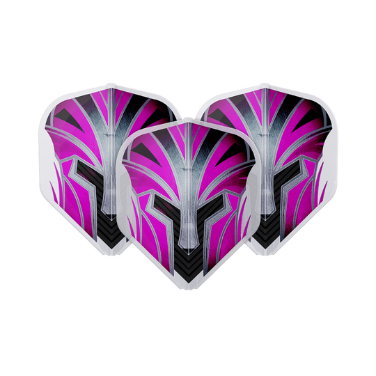 Auf dem Bild sind drei Dart-Flights mit einem modernen, pink-schwarzen Design zu sehen. Sie haben ein auffälliges Muster, das an einen stilisierten Helm erinnert.