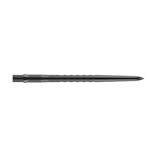 Das Bild zeigt eine schwarze, gerillte Steeldartspitze. Sie ist lang und schmal mit einer scharfen Spitze.