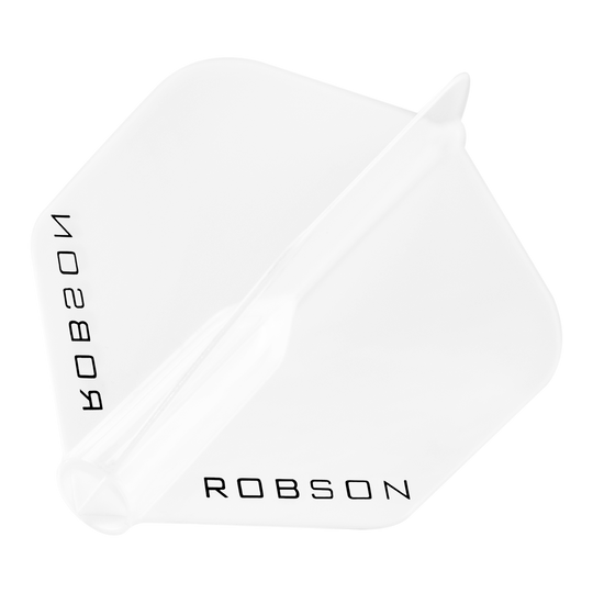 Lety Robson Plus – standardní Das Bild zeigt einen klaren Dart-Flügel mit der Aufschrift "ROBSON". Der Flügel hat eine standardmäßige, sechseckige Form.