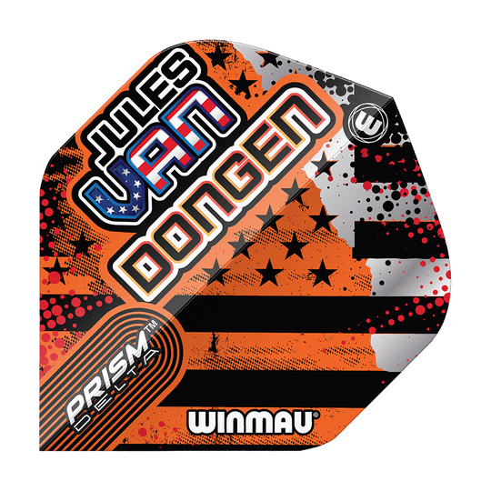 Winmau Prism Delta Jules Van Dongen Standardní lety Das Bild zeigt ein Winmau Prism Delta Dart-Flight mit dem Namen "Jules Van Dongen". Das Flight-Design enthält auffällige Farben, Sterne und Streifen sowie den Schriftzug "Winmau".