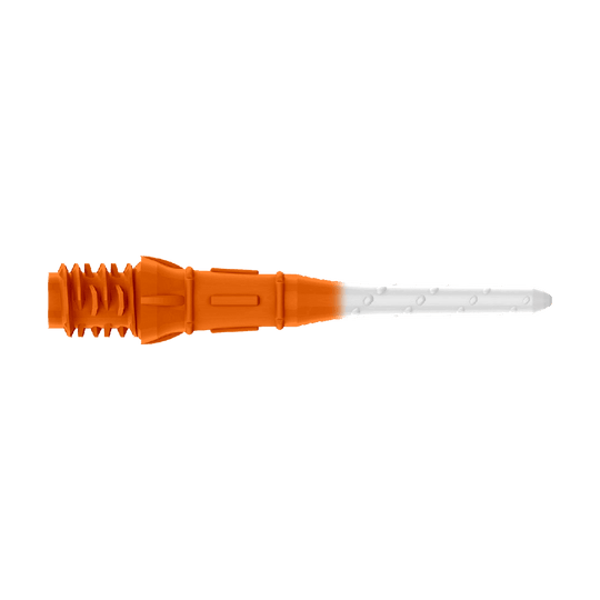 Dvoubarevné rtěnky L-Style Premium (balení 30 kusů) Das Bild zeigt eine zweifarbige Kunststoffspitze, die auf einer Seite orange und auf der anderen weiß ist. Es handelt sich um eine Ersatzspitze für ein elektronisches Dart.