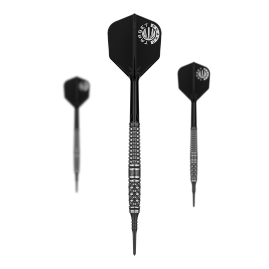 Měkké šipky Target Japan Paul Lim The Legend GEN8 - 19g Das Bild zeigt drei schwarze Softdarts des Modells "Target Japan Paul Lim The Legend GEN8 - 19g". Die Darts haben silberne Griffringe und schwarze Flights mit weißem Logo.