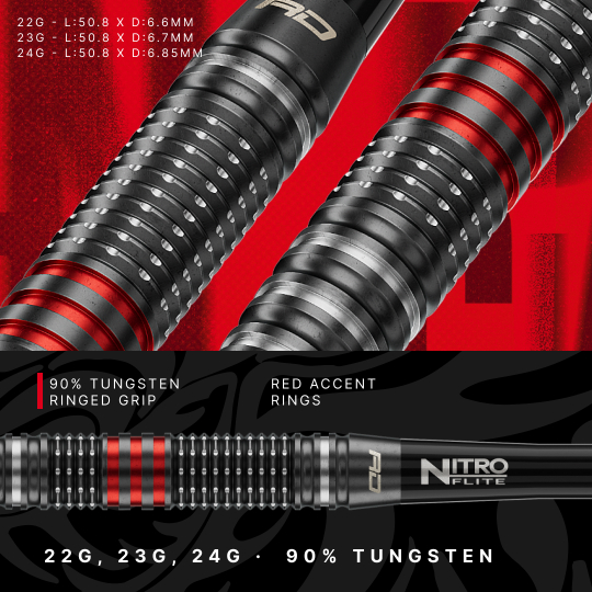Šipky Red Dragon Jonny Clayton RD-PRO Switch Point ocelové Hier sieht man die Red Dragon Jonny Clayton RD-PRO Switch Point Steeldarts. Die Pfeile sind aus Metall und mit schwarzen Elementen versehen.