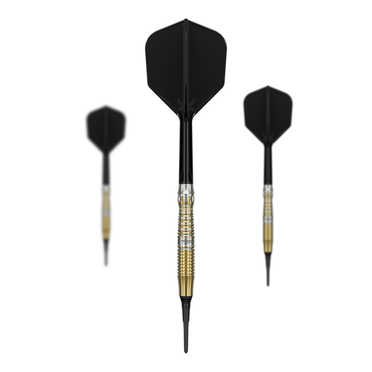 Set der Target Black Marque Enzo Softdarts - 18g abgebildet. Das Set beinhaltet mehrere schwarze Softdarts für exaktes Spiel.