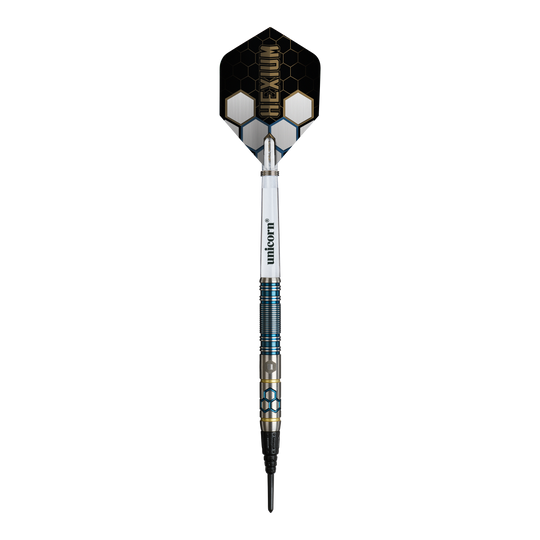 Šipky Unicorn Hexium Style 02 Modro-zlaté měkké - 21g Hier sieht man die Unicorn Hexium Style 02 Blue & Gold Softdarts - 21g. Die Darts sind in Blau und Gold gehalten.