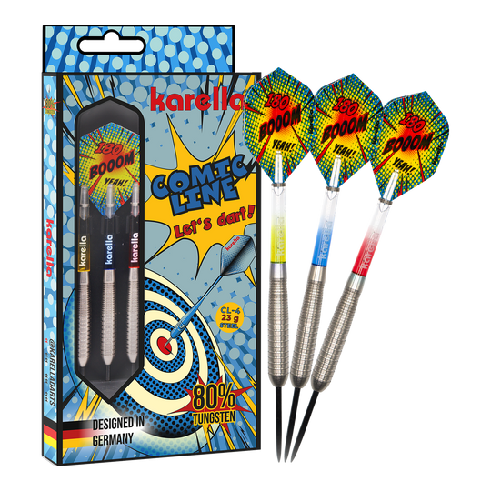 Das Bild präsentiert die Karella Comic Line CL-4 Steeldarts mit einem Gewicht von 23g. Diese Darts sind robust und für ambitionierte Spieler konzipiert.