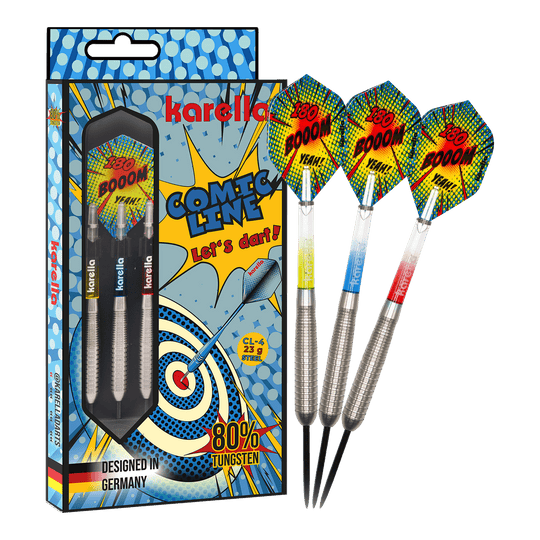 Ocelové šipky Karella Comic Line CL-4 - 23g Das Bild präsentiert die Karella Comic Line CL-4 Steeldarts mit einem Gewicht von 23g. Diese Darts sind robust und für ambitionierte Spieler konzipiert.
