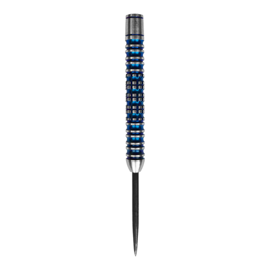 Das Bild zeigt ein McDart Ocean Steeldart Barrel mit einem Gewicht von 23g. Der Barrel hat ein silber-blaues Design mit Rillen und einem spitzen Ende.