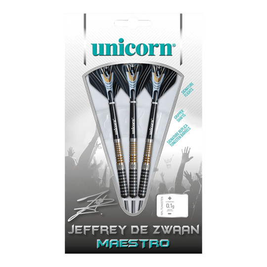 Ocelové šipky Unicorn Maestro Jeffrey De Zwaan fáze 3 Das Bild zeigt eine Verpackung mit drei Steeldarts der Marke Unicorn, Modell „Jeffrey De Zwaan Maestro“. Die Darts sind in einer transparenten Blisterverpackung sichtbar und auf der Verpackung steht der Name des Produkts.