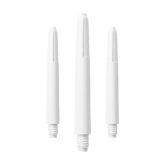 Das Bild zeigt drei schneeweiße Nylon-Schäfte. Sie sind zylinderförmig und haben an einem Ende ein Schraubgewinde.
