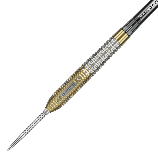 Terč Raymond Van Barneveld Chrono 95 Swiss Point Steel Darts Das Bild zeigt einen Steeldart aus der Produktreihe "Target Raymond Van Barneveld Chrono 95 Swiss Point". Der Dartpfeil hat ein silbernes und goldenes Griffstück mit detaillierten Gravuren und Mustern.