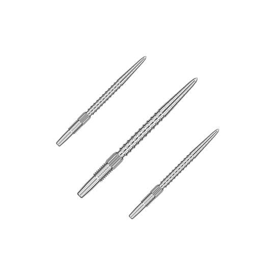 Das Bild zeigt drei silberne Dartspitzen, die nebeneinander angeordnet sind. Sie sind metallisch glänzend und haben eine gerillte Struktur.