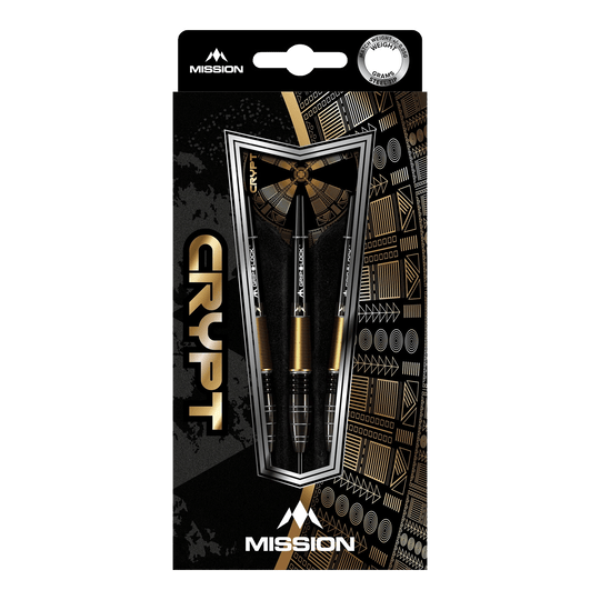 Ocelové šipky Mission Crypt Model 1 - 22g Die Abbildung zeigt die Verpackung der "Mission Crypt Model 1 Steeldarts - 22g". Drei schwarze und goldene Steeldarts sind in einer stilvollen Box mit geometrischen Mustern angeordnet.