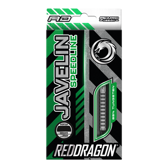 Šipky Red Dragon Javelin Speedline Soft - 20g Die Verpackung zeigt die "Red Dragon Javelin Speedline Softdarts" mit 20 Gramm Gewicht. Das Design ist grün, schwarz und silbern und hebt 85% Tungsten hervor.