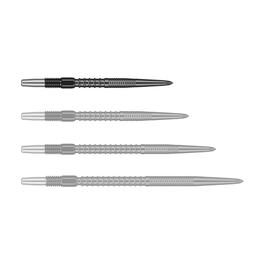 Zaměřte hroty na šipky Swiss Firepoint Black Auf dem Bild sind vier schwarze Dartspitzen in einer Reihe zu sehen. Sie sind aus Metall und haben ein modernes, gerilltes Design.