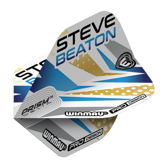 Das Bild zeigt die Winmau Prism Delta Steve Beaton No2 Standard Flights. Die Flights sind mit blauen, goldenen und grauen Mustern sowie dem Namen "Steve Beaton" gestaltet.