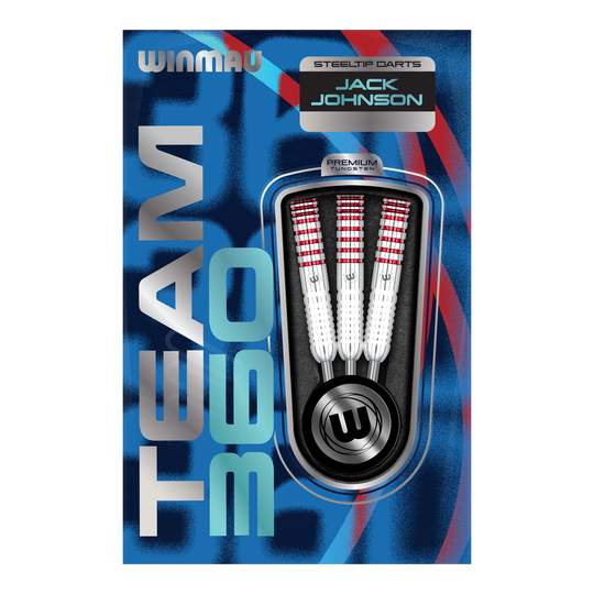 Abgebildet sind die Winmau Team 360 Jack Johnson Steeldarts mit 24 Gramm Gewicht. Die Darts zeichnen sich durch ihr markantes Design aus.