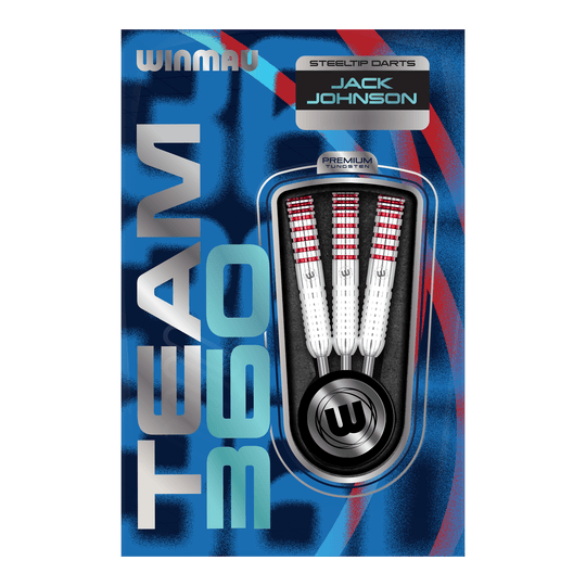 Šipky Winmau Team 360 Jack Johnson ocelové - 24g Abgebildet sind die Winmau Team 360 Jack Johnson Steeldarts mit 24 Gramm Gewicht. Die Darts zeichnen sich durch ihr markantes Design aus.