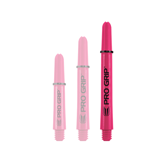 Target Pro Grip Shafts - 3 sady - Pink Das Bild zeigt drei pinke Pro Grip Shafts in verschiedenen Längen. Sie stehen nebeneinander und haben die Aufschrift "PRO GRIP".