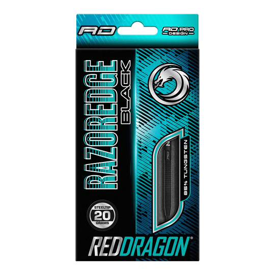 Red Dragon Razor Edge Černé ocelové šipky Auf dem Bild ist eine Verpackung von Red Dragon Razor Edge Black Steeldarts zu sehen. Die Darts wiegen 20 Gramm und bestehen zu 85 % aus Wolfram.