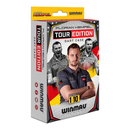 Pouzdro na šipky Winmau Florian Hempel Tour Edition Die Verpackung zeigt das Produkt "Winmau Florian Hempel Tour Edition Dartcase". Auf der Vorderseite sind Bilder von Florian Hempel und der Hinweis auf eine Kapazität von 110 Darts abgebildet.