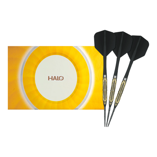 Ocelové šipky Caliburn Halo H2 - 22,5 g Das Bild zeigt die Caliburn Halo H2 Steeldarts mit einem Gewicht von 22,5g in voller Länge. Die Steeldarts sind besonders langlebig und robust.