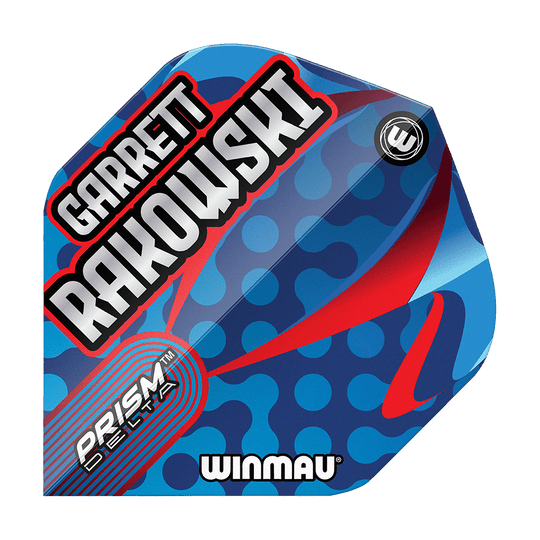 Standardní lety Winmau Prism Delta Garrett Rakowski Das Bild zeigt die Winmau Prism Delta Garrett Rakowski Standard Flights. Das Flight-Design ist blau mit roten und hellblauen Akzenten sowie dem Namen "Garrett Rakowski" in großen Buchstaben.