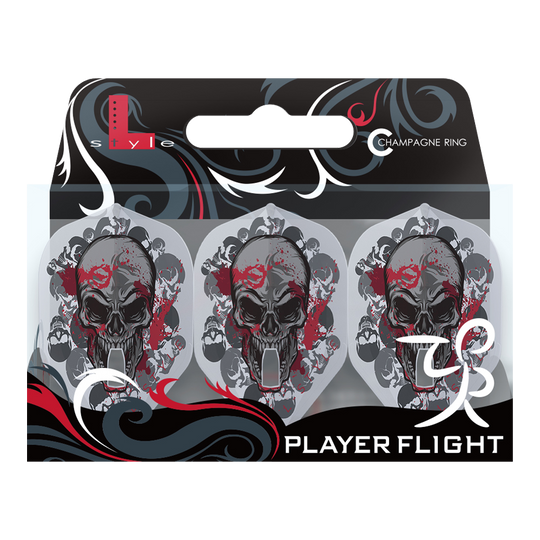 Das Bild zeigt eine Verpackung mit drei klar weißen Dartflights, die jeweils mit einem auffälligen Totenkopf-Design bedruckt sind. Die Verpackung trägt die Aufschrift "Player Flight" und gehört zur L-Style Signature-Serie von Ryan Searle.