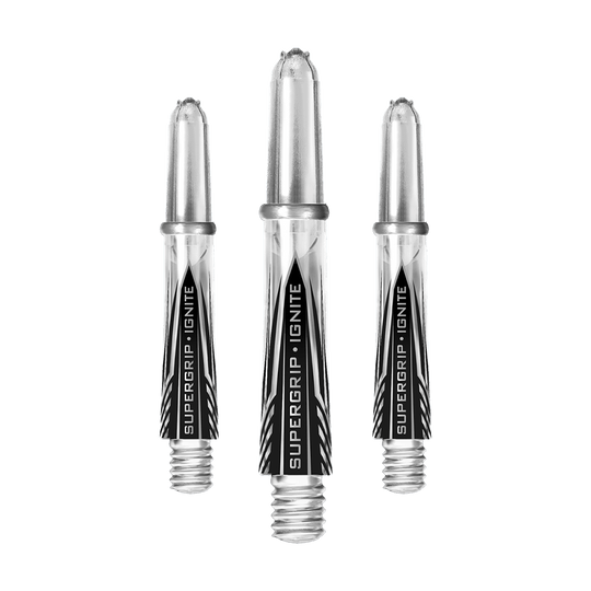 Das Bild zeigt drei klare Harrows Supergrip Ignite Shafts für Dartpfeile. Die Schäfte sind durchsichtig mit silbernen Spitzen und schwarzer Beschriftung.