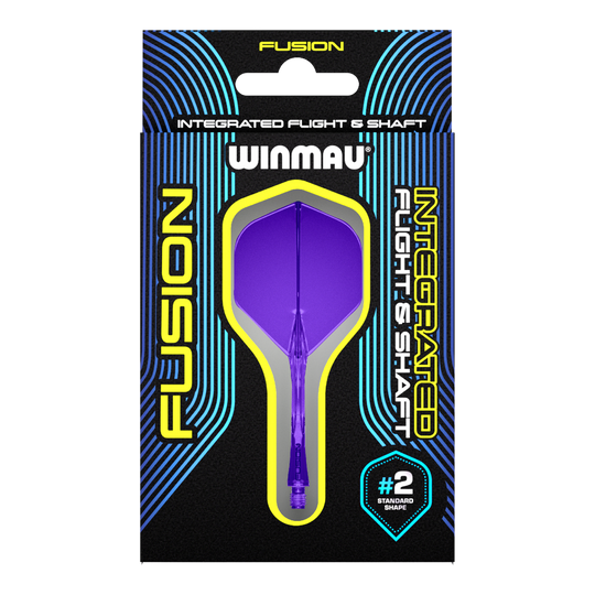 Systém letky Winmau Fusion Standard Purple Auf dem Bild ist eine Verpackung mit einem lila Dart-Flug- und Schaftsystem der Marke Winmau zu sehen. Die Verpackung trägt die Aufschrift "Fusion Integrated Flight & Shaft" und hebt die Standardform #2 hervor.