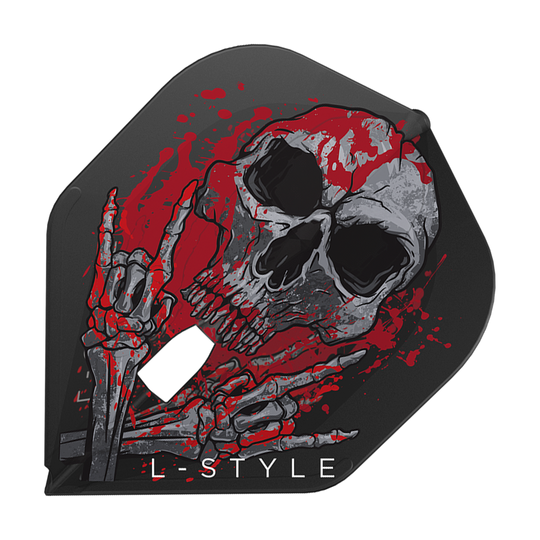Das Bild zeigt ein Dartflight mit einem auffälligen Totenkopf-Design und roten Farbspritzern. Unten steht der Schriftzug „L-STYLE“.