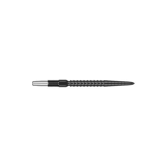 Das Bild zeigt eine schwarze Dartspitze mit einem geriffelten Design. Die Spitze ist lang und schmal, geeignet für den Einsatz in Dartpfeilen.