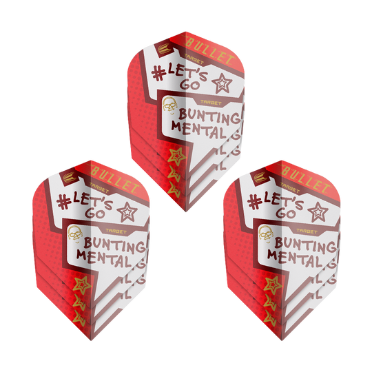 Letky Target Pro Ultra Stephen Bunting Mental No6 - 3 sady Das Bild zeigt drei Sets der "Target Pro Ultra Stephen Bunting Mental No6 Flights" für Darts. Die Flights sind rot-weiß gestaltet und tragen Aufschriften wie "#LET'S GO" und "BUNTING MENTAL."