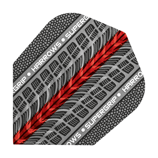 HR77_Harrows_Supergrip_Rot_No6_Flights_1 Das Bild zeigt einen Harrows Supergrip Rot No6 Flight. Das Design besteht aus schwarzen und grauen Reifenspuren mit einem roten Streifen in der Mitte.