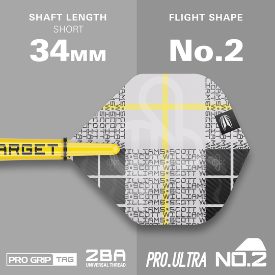 Měkké šipky Target Scott Williams GEN2 - 18g Das Bild zeigt das Produkt "Target Scott Williams GEN2 Softdarts - 18g" mit einem kurzen Schaft von 34 mm. Die Flight-Form ist No. 2 und das Design ist in Gelb, Weiß und Schwarz gehalten.