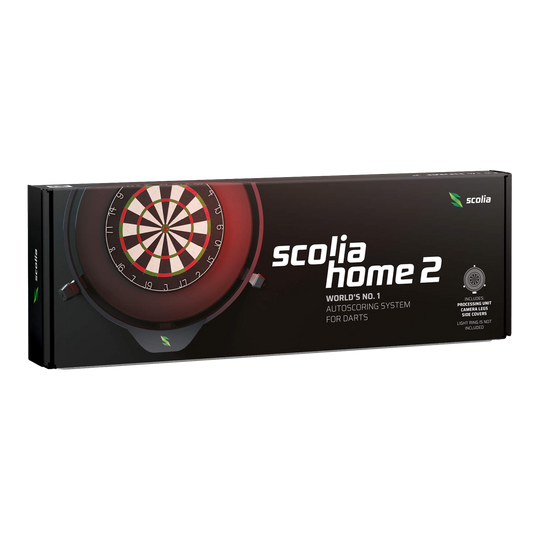 Die Abbildung zeigt die Verpackung des Produkts "Scolia Home 2 Electronic Score System". Es handelt sich um ein automatisches Punktezählsystem für Darts.