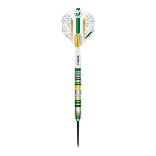 Winmau Xenon Steeldarts Das Bild zeigt einen Winmau Xenon Steeldart mit einer weißen, grünen und goldenen Gestaltung. Der Dartpfeil hat einen markanten Ringgriff und eine spitze Metallspitze.