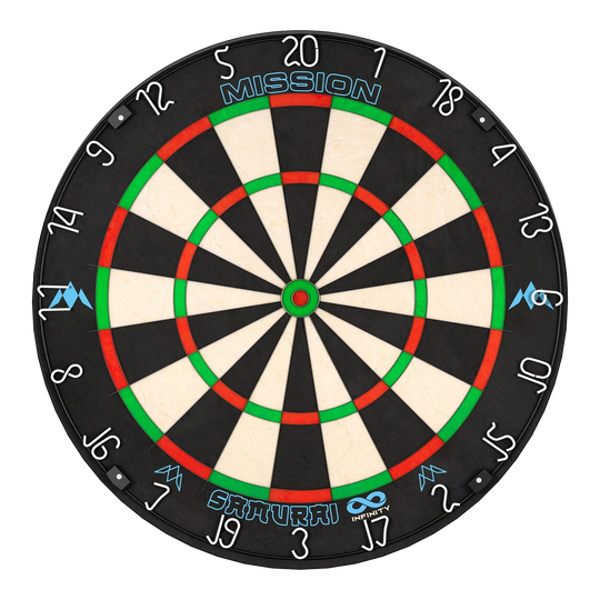 Ocelový terč Mission Samurai Infinity Das Bild zeigt eine Steeldartscheibe mit dem Namen "Mission Samurai Infinity". Die Scheibe ist schwarz-weiß mit roten und grünen Markierungen und hat weiße Zahlen am Rand.
