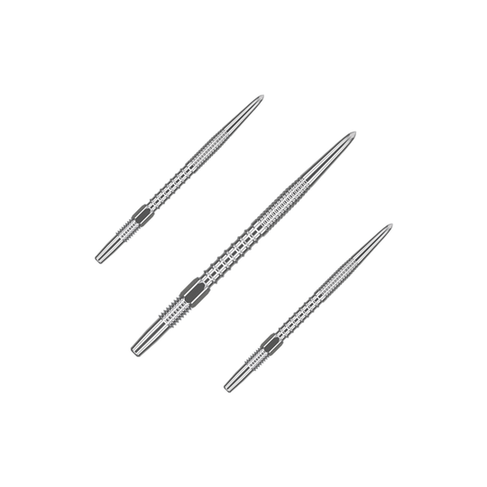 Zaměřte hroty šipek Swiss Firepoint Silver Das Bild zeigt drei silberne Dartspitzen, die nebeneinander angeordnet sind. Sie sind länglich und haben eine feine Riffelung für besseren Halt.